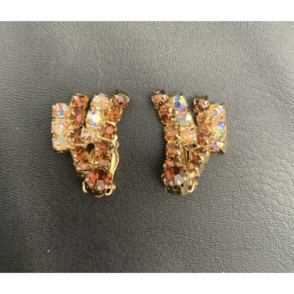 Vintage Earrings Clip On Climber AB And Amber Rhinestones 60s 70s Estate - Picture 1 of 5